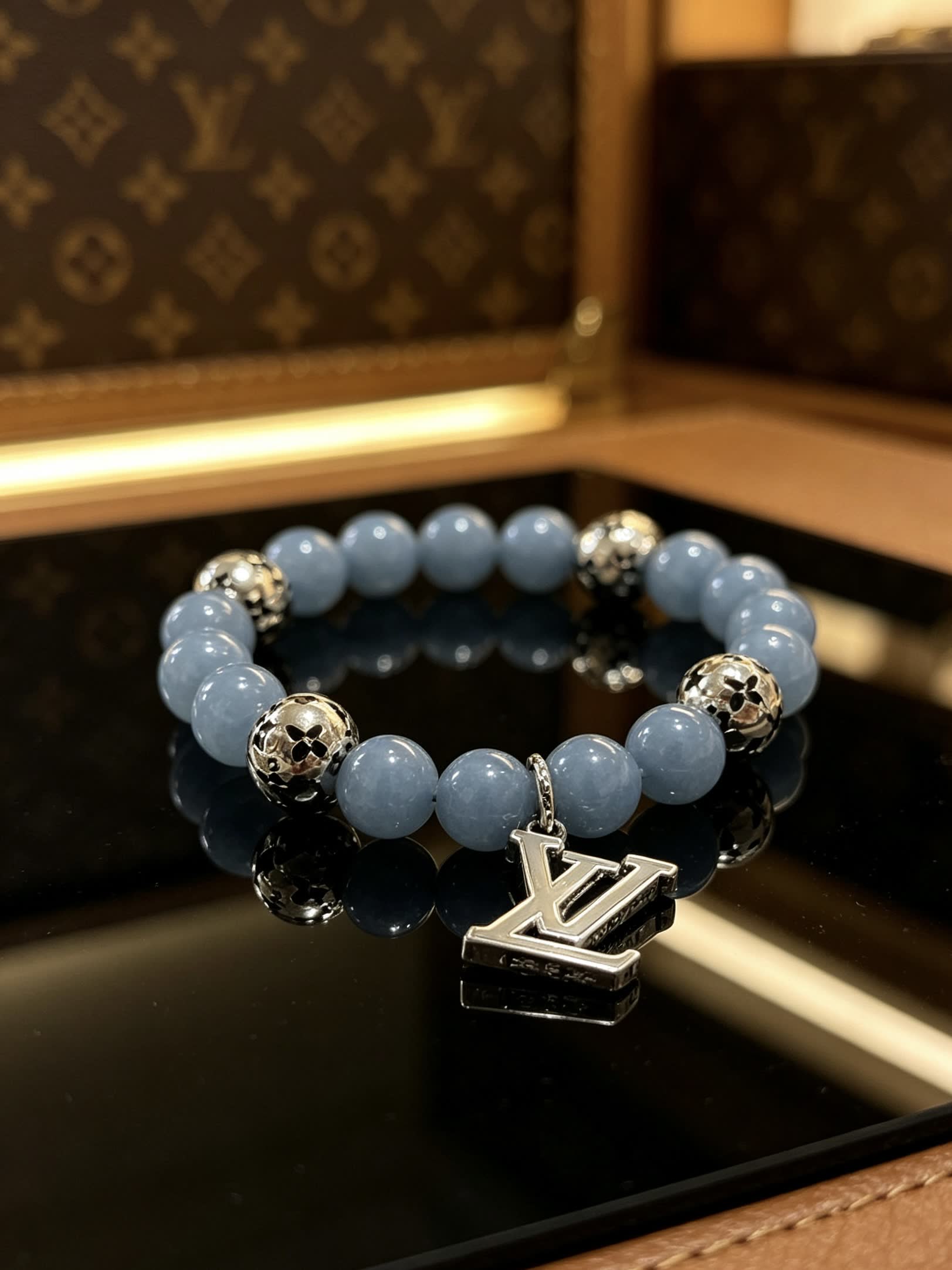 Louis Vuitton Blue Beaded Bracelet with Silver Accents